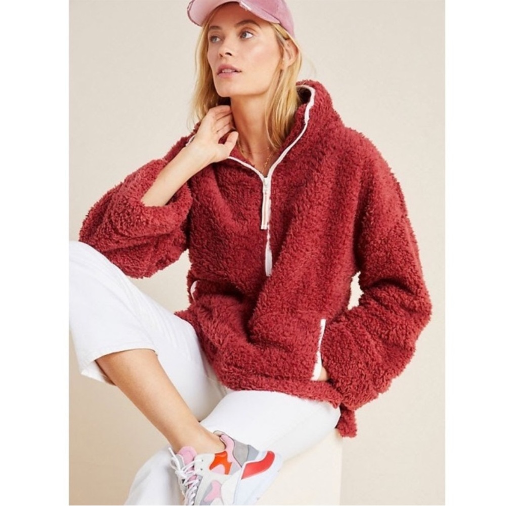 NWT Anthropologie  Annette Sherpa Pullover Sweater 1/4 zip Cozy w/pockets XL